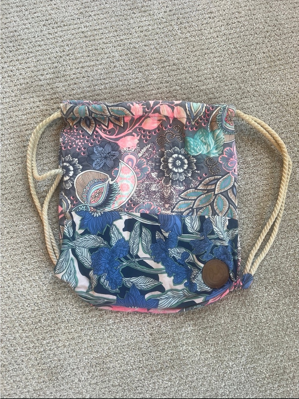 Maaji Floral Drawstring Backpack in Blue and Pink with Teal Accents